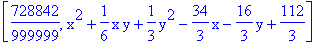 [728842/999999, x^2+1/6*x*y+1/3*y^2-34/3*x-16/3*y+112/3]